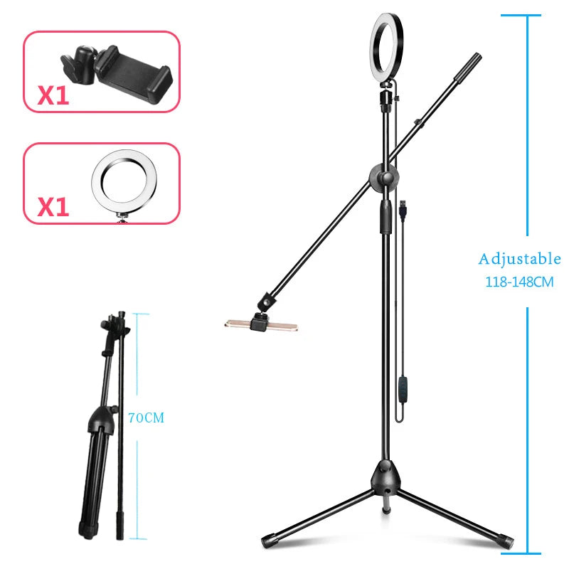 Adjustable Phone Tripod with Boom Arm Ring Light Bluetooth for Video Shoot